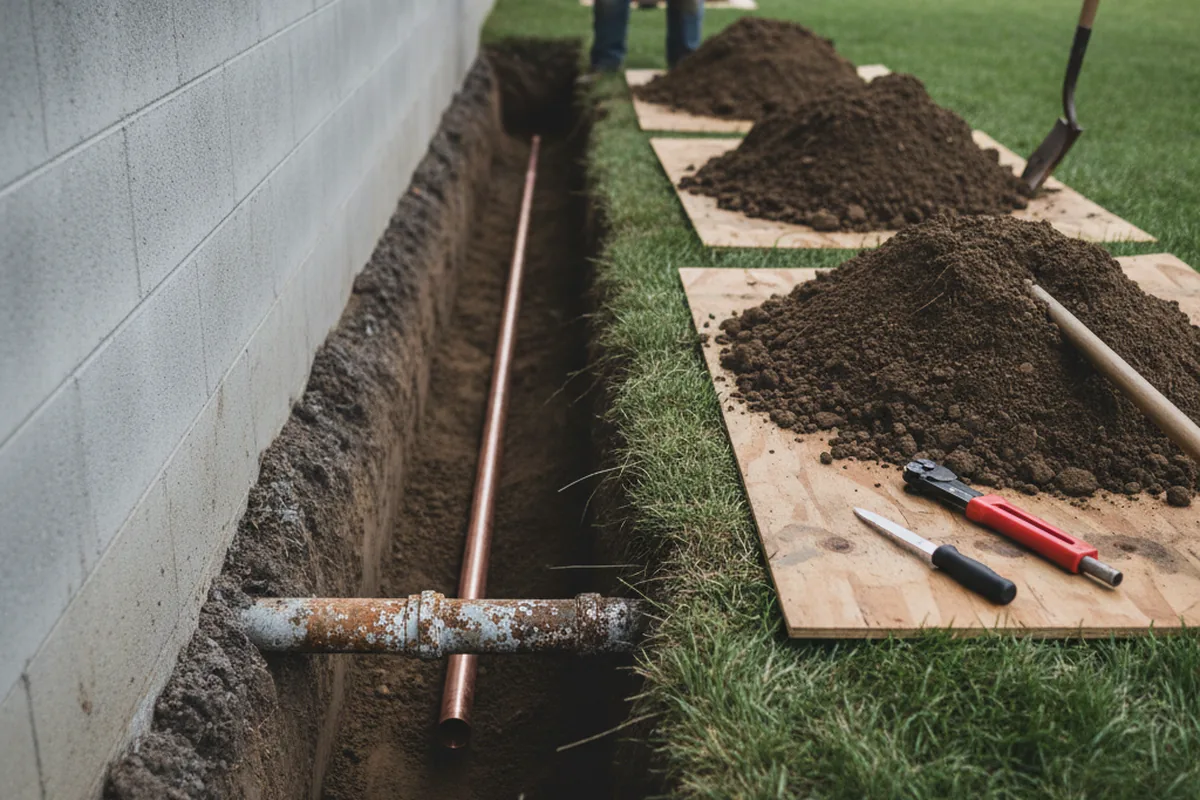 Excavated water line trench during Water Heater Repair in Fort Hill
